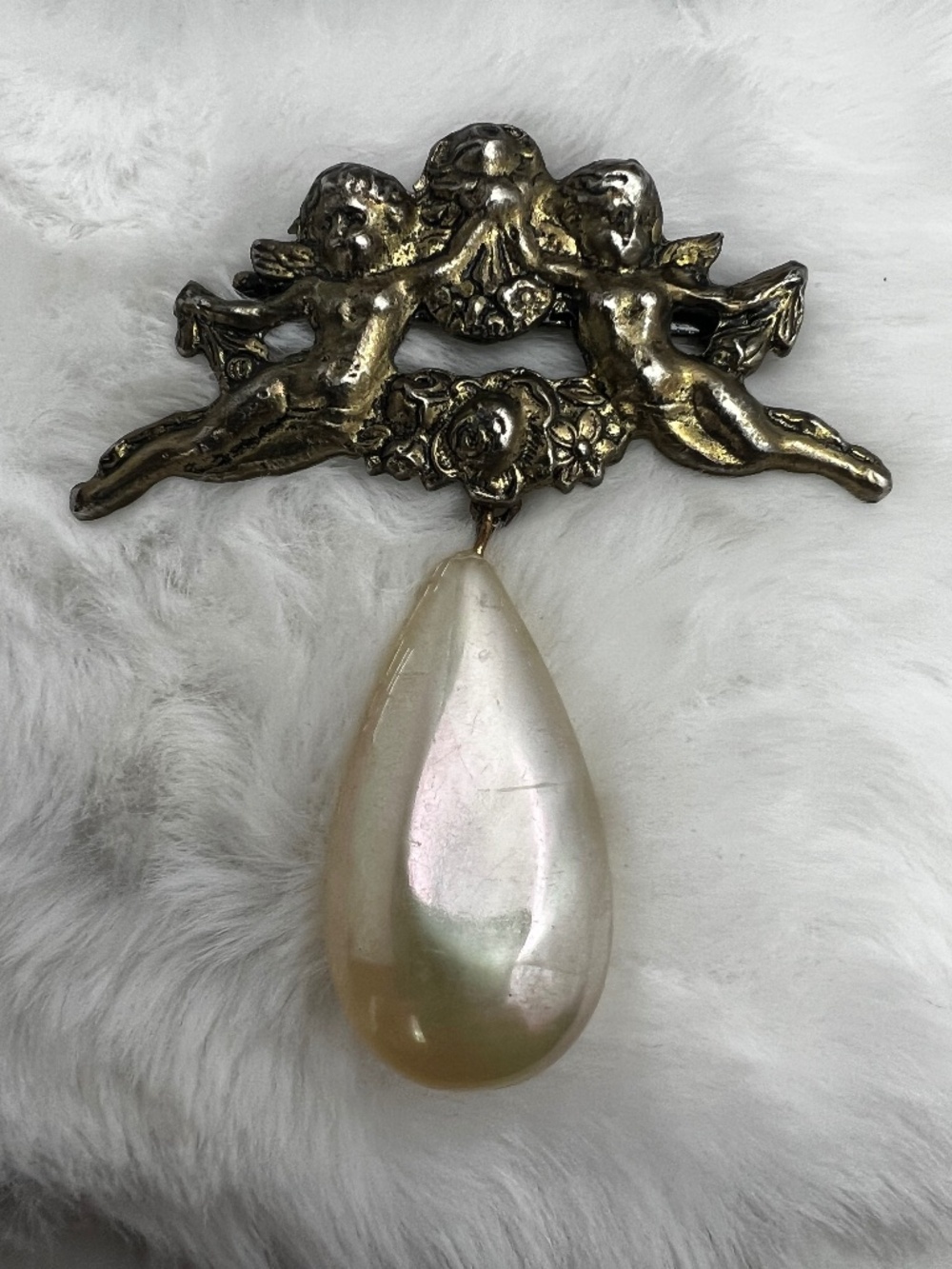 Vintage Victorian Style Cherub and Faux Pearl Brooch